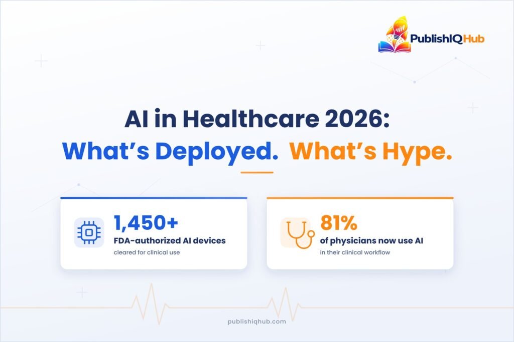 Hero banner showing AI in healthcare 2026 landscape with FDA device count and physician adoption statistics