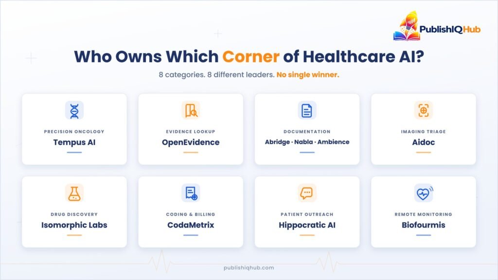 Market map of leading AI healthcare companies in 2026 organized by category, including Tempus AI, OpenEvidence, Abridge, Aidoc, Isomorphic Labs, CodaMetrix, Hippocratic AI, and Biofourmis