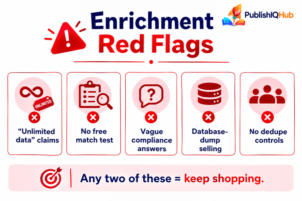 Unlimited data” claims • No free match test • Vague compliance answers • Database-dump selling • No dedupe controls — Any two of these = keep shopping.