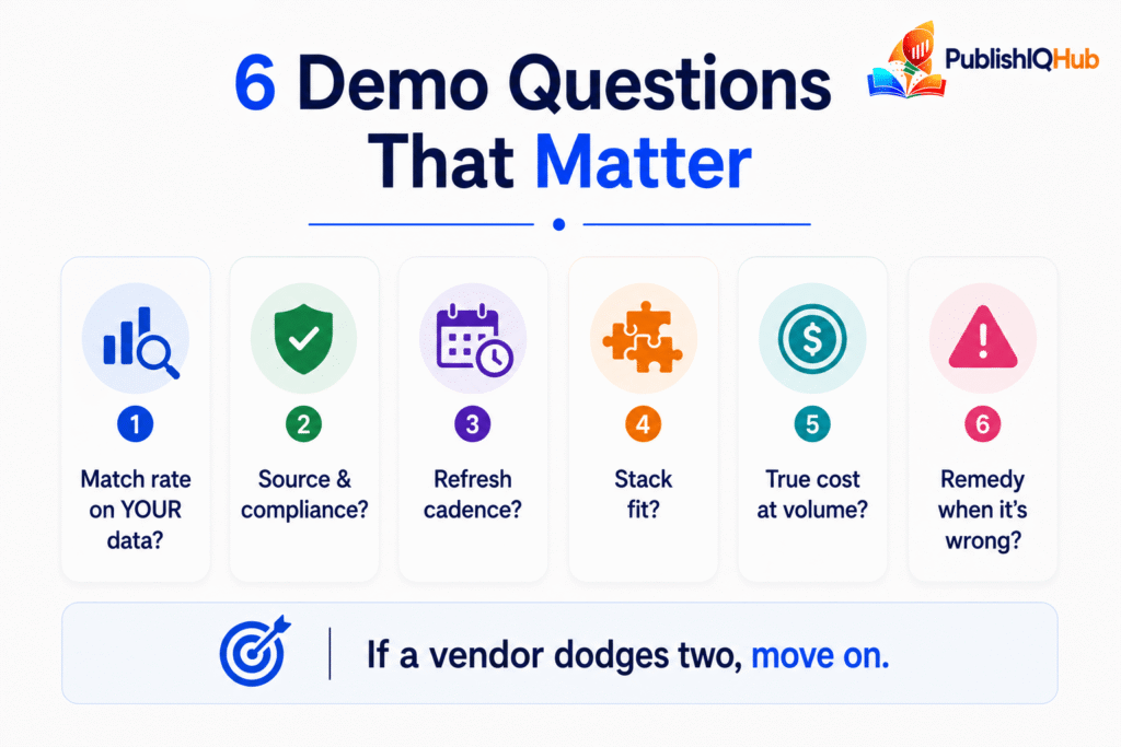 Match rate on YOUR data? • Source & compliance? • Refresh cadence? • Stack fit? • True cost at volume? • Remedy when it’s wrong? — If a vendor dodges two, move on.