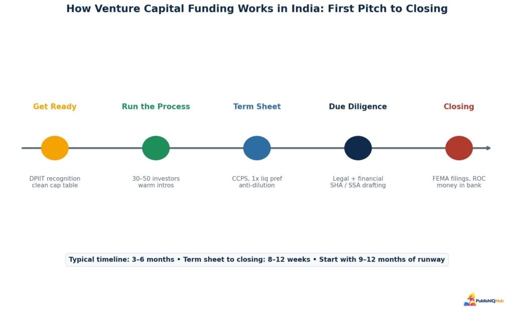 The raise, stage by stage — a competitive Series A typically takes 3–6 months end to end