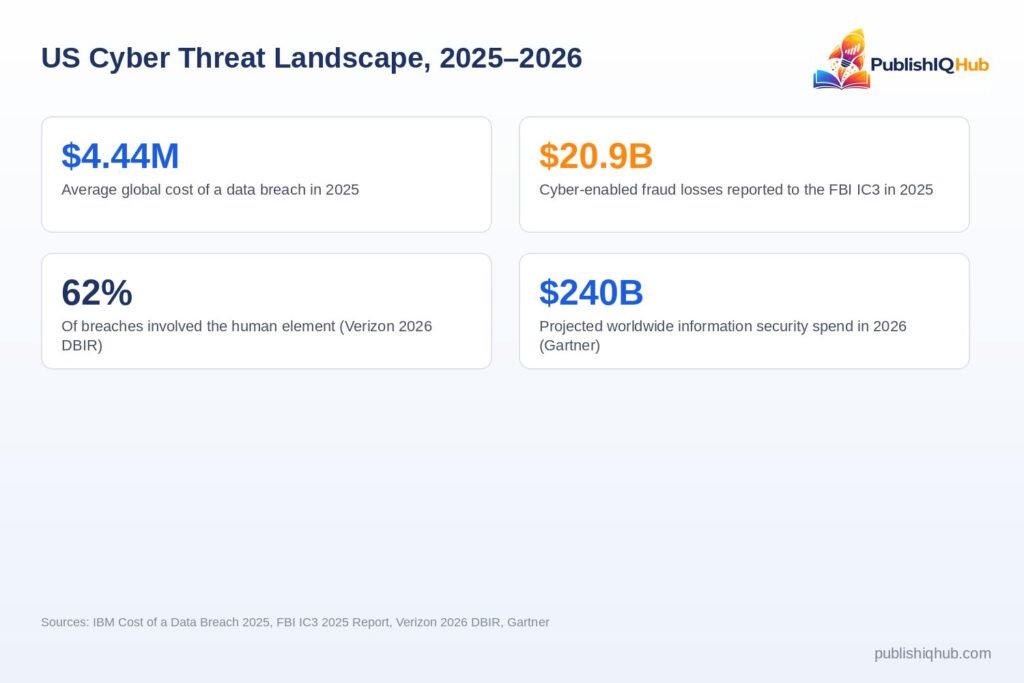 US cyber threat landscape: key stats for 2025–2026, sourced from IBM, FBI IC3, Verizon, and Gartner - Cybersecurity Companies