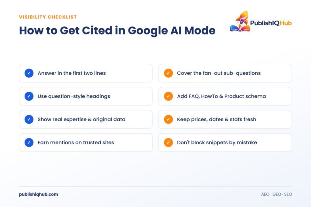 Checklist of 8 steps on how to rank in Google AI Mode and get your content cited
