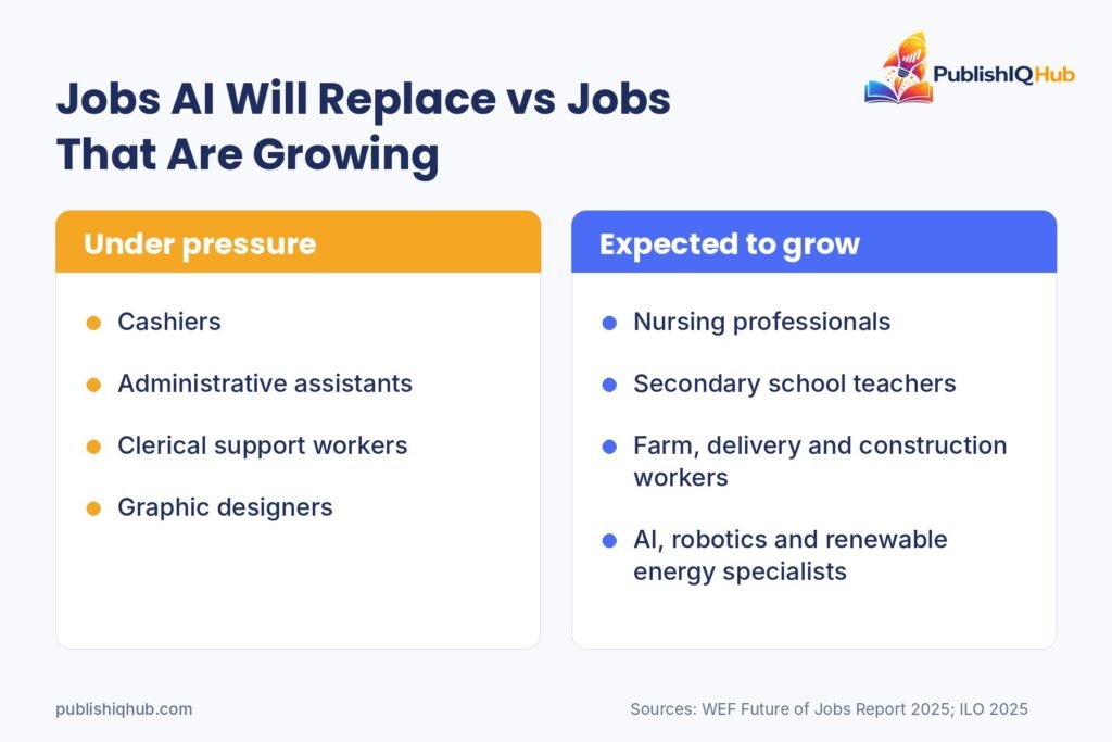 Jobs AI will replace, like cashiers and clerical roles, vs growing roles like nurses and AI specialists - ai impact on employment