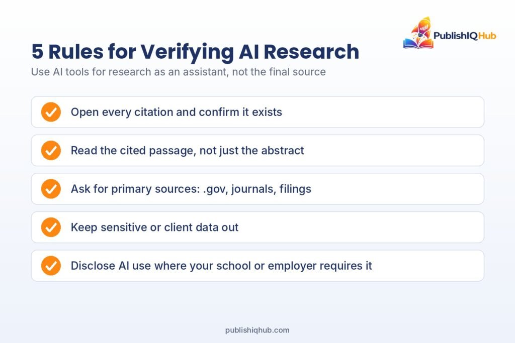 Checklist of 5 rules for verifying output from AI tools for research, including checking citations - AI powered research tool